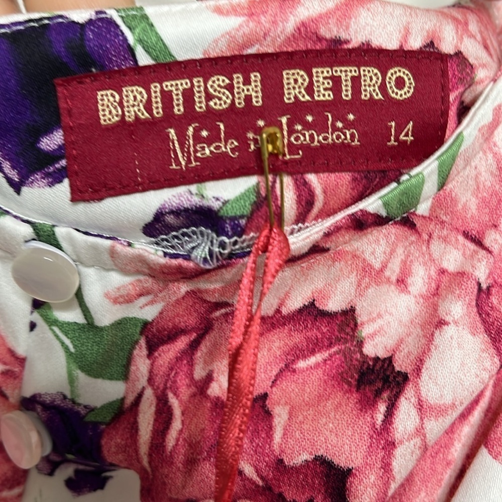New British Retro White Rose Puffed Sleeve Dress Women Size UK 14 / US 10 - Picture 5 of 9